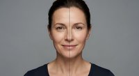 Middle-aged Caucasian woman showing aging process with half face wrinkled and half smooth skin against gray background for skincare and beauty concepts.