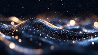 Abstract glowing wave of sparkling particles flowing on dark background with bokeh lights and magical dust creating ethereal atmosphere.