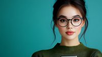 Young Asian woman wearing round glasses and olive green sweater against turquoise background, hair styled in casual updo, natural makeup look emphasizing lips.
