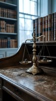 Brass scales of justice on wooden desk in law library with legal books, representing legal system, court proceedings, and attorney office environment.