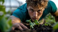 Young Caucasian male gardener in teal shirt carefully examining small plant seedling growing in rich soil, demonstrating sustainable agriculture and plant care techniques.