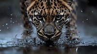 Leopard drinking water with intense blue eyes and spotted coat creating dramatic splashes in natural habitat during wildlife moment.
