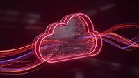 Glowing neon cloud computing symbol with flowing light trails on dark background for technology and data storage concepts.