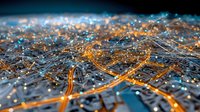 Aerial night view of glowing city streets with illuminated highways and buildings creating an intricate network pattern resembling digital connectivity.