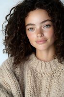 Young Mediterranean woman with natural curly dark hair and bright eyes wearing beige knit sweater smiling at camera against light background.