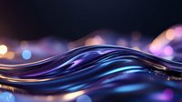 Flowing liquid wave with blue and purple gradient colors against dark background with bokeh lights creating dynamic abstract composition for luxury designs.