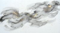 Abstract watercolor brushstrokes in gray and gold tones creating flowing organic shapes on textured paper background for modern art projects.