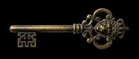 Antique brass skeleton key with ornate decorative head isolated on transparent background, ready for clipart, t-shirt design, print-on-demand products, stickers, and sublimation projects.
