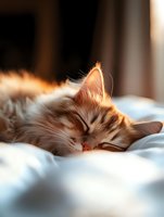 Sleeping ginger cat on white bedding illuminated by warm sunlight, peaceful expression, soft focus close-up showing whiskers and fur details in morning atmosphere.