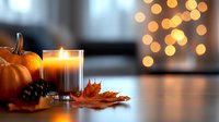 Cozy autumn scene with glowing candle, orange pumpkins, pine cones and maple leaves on wooden table with warm bokeh lights creating festive fall atmosphere.