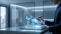 Professional businessman using holographic technology interface in modern office environment with digital projections and futuristic display systems.