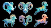Six colorful Aries zodiac ram stickers in watercolor style, isolated on transparent background, ready for t-shirt design, clipart, stickers, and print on demand use.