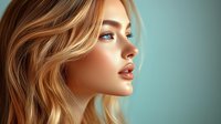 Profile view of young woman with flowing blonde highlights against teal background, showcasing natural makeup and glossy lips.