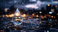 Sparkling disco ball pyramid on dark reflective surface with bokeh lights and water drops creating magical nightclub atmosphere. Perfect for party designs.