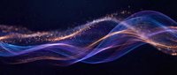 Flowing digital waves of blue and gold particles create an abstract energy stream against a dark background, suitable for technology, innovation, and data visualization projects.