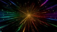 Colorful light rays bursting from central point against black background, creating dynamic starburst effect with rainbow spectrum colors.