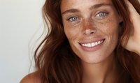 Young woman with freckles and natural beauty smiling at camera. Close up portrait showing radiant skin, blue eyes, and auburn hair against light background.