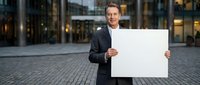 Professional businessman in dark suit holding blank white sign outdoors in modern urban business district for marketing and advertising campaigns.