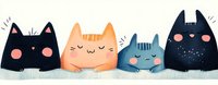 Cute cartoon cat faces in different colors and expressions lined up in a row against white background, watercolor style artwork for children's design and decoration.
