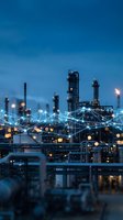 Industrial oil refinery plant with digital network connections at twilight showcasing smart factory automation and IoT technology integration.