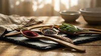 Wooden spoons filled with colorful spices and herbs arranged on dark slate board in warm kitchen setting for culinary cooking and food preparation.