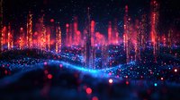 Futuristic digital cityscape with glowing red skyscrapers rising from blue light grid network, abstract technology landscape for backgrounds and presentations.