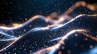 Glowing waves of light particles flow through dark space creating dynamic motion effect with sparkles and bokeh in blue and orange colors.