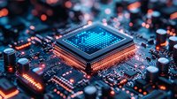 Glowing microprocessor on circuit board with blue illumination and orange accents against dark background, showcasing modern computer technology.