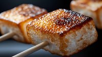 Golden grilled tofu skewers with caramelized surface on wooden sticks, perfect for vegetarian barbecue, Asian cuisine and healthy protein meal preparation.
