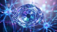 Futuristic digital eye with crystalline structure surrounded by glowing data streams and holographic interface elements for technology concepts.