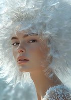 Young woman with delicate dandelion seeds creating ethereal crown effect against soft blue background, natural makeup and coral lips for beauty and fashion concepts.