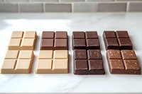 Assorted chocolate bars in different shades from white to dark chocolate arranged in neat rows on white surface, showing variety of cocoa content and textures.