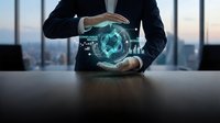 Businessman holding glowing digital globe with financial data charts and graphs, representing global business, technology, investment, and financial analysis for corporate concepts.