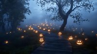 Illuminated jack-o'-lanterns line a misty forest path at dusk, creating an atmospheric Halloween scene for seasonal celebrations.