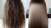 Before and after hair transformation showing frizzy, damaged hair compared to smooth, straight, glossy brown hair after keratin treatment or straightening procedure.