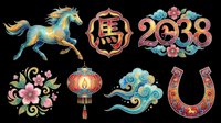 Lunar New Year of the Horse set with running horse, Chinese character, 2038 numerals, lantern, floral swirls, and horseshoe, isolated on transparent background for clipart and print on demand.