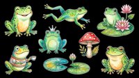 Cute watercolor frogs clipart set, isolated on transparent background. Green frogs in various poses with lily pads, mushroom, and flowers, ready for stickers, t-shirt design, and print on demand.