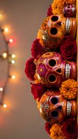 Colorful sugar skulls decorated with marigolds and roses for Day of the Dead celebration with warm bokeh lights creating festive Mexican holiday atmosphere.
