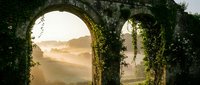 Ancient stone arches covered in ivy frame misty mountain landscape at golden hour sunrise creating romantic atmospheric view through historic ruins.