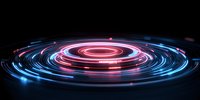 Glowing neon spiral rings with red and blue light trails creating futuristic circular motion effect against dark background, modern technology concept.