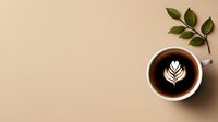 Cup of coffee with latte art leaf pattern on beige background with green plant branch, minimalist composition for cafe menu and social media content.