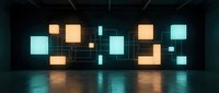 Glowing neon squares and rectangles in warm and cool tones illuminate a dark modern gallery space with reflective floor for contemporary design projects.