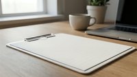 Clean minimalist workspace with blank notebook, eyeglasses, coffee cup and laptop on wooden desk. Modern home office setup for productivity and planning.