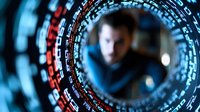 Futuristic circular interface with digital data and code elements in blue and red tones creating technological tunnel effect, cybersecurity concept.