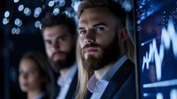 Professional bearded businessman analyzing financial data on digital screens in modern trading office environment with team colleagues working together.