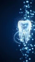 Glowing transparent tooth with sparkling particles and bokeh lights on dark blue background for dental care and oral health concepts.