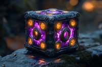 Mysterious glowing cube with ornate carved details emits magical purple and orange light, creating an enchanting atmosphere against dark background.
