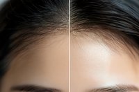 Close-up comparison of facial skin texture showing before and after treatment results with visible difference in smoothness and pore appearance on Asian female forehead.