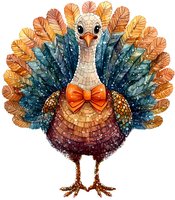 Festive turkey with orange bow tie and colorful mosaic-style feathers in teal, orange and brown tones. Decorative bird character for holiday season designs.
