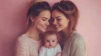 Two young Caucasian women smiling tenderly while holding newborn baby against soft pink background. Loving mothers or sisters sharing precious moment with infant.